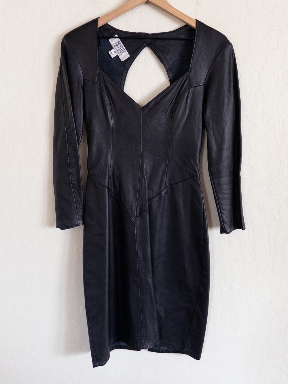 Vintage Firenze Genuine Leather Long Sleeve Open Back Mini Dress Medium Black